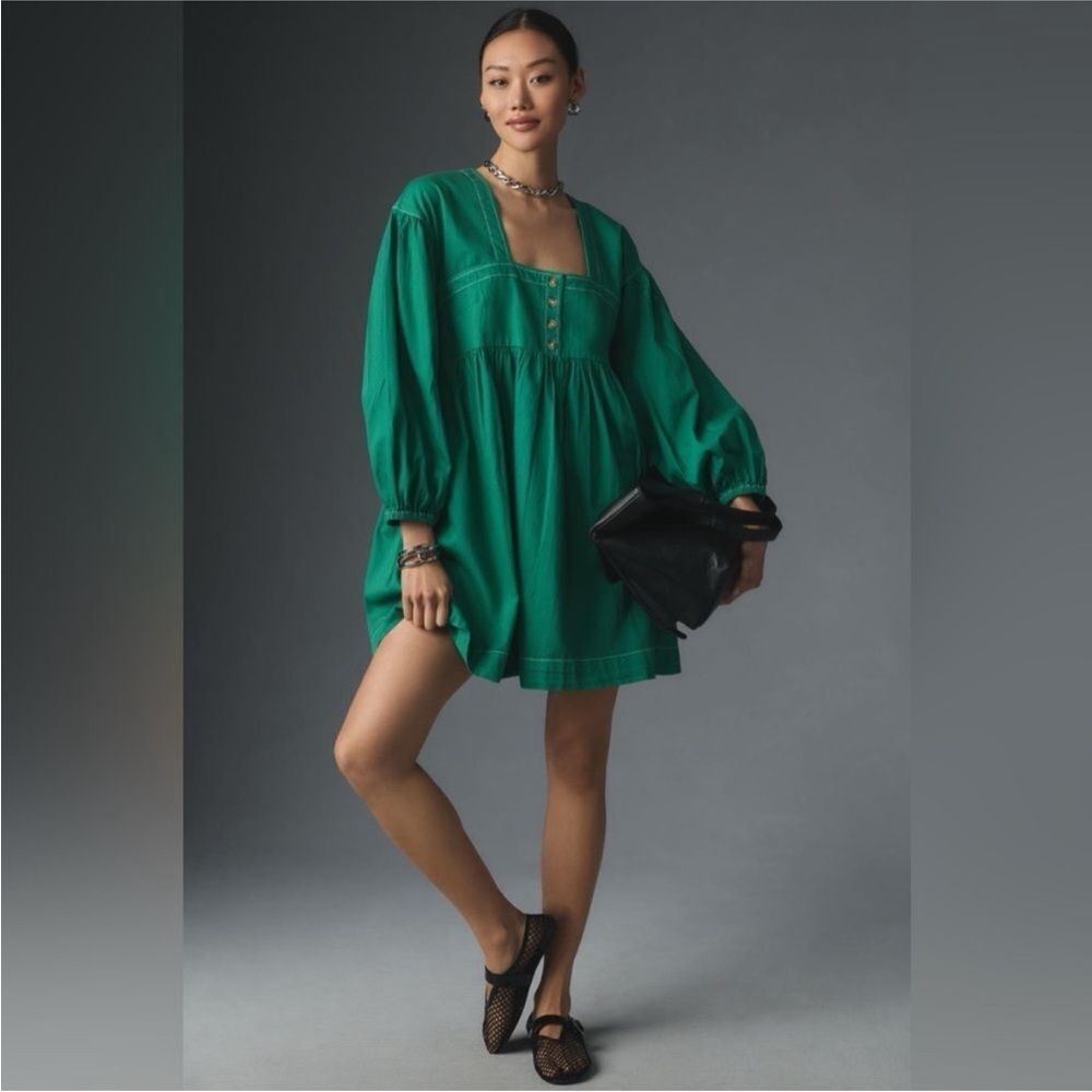 Anthropologie Long-Sleeve Square-Neck Denim Babydoll Mini Dress Size Small